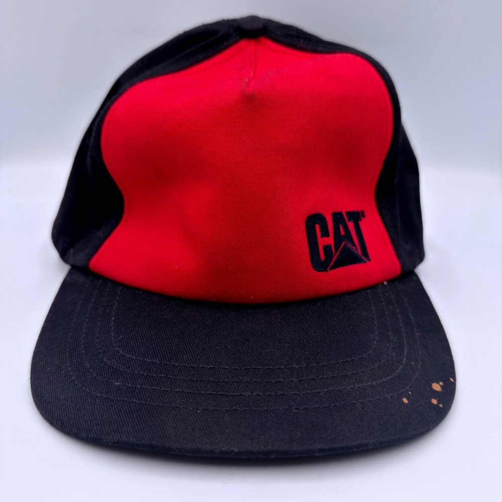 Vintage CAT Caterpillar Hat Red Black Color Block Strapback Baseball Cap RN94207